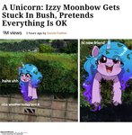 blue_hair blush dialogue female feral gradient_hair hair hooves horn open_mouth open_smile plant purple_eyes real shrub smile solo text puyohh hasbro mlp_g5 my_little_pony mythology izzy_moonbow_(mlp) equid equine mammal mythological_creature mythological_equine unicorn english_text meme