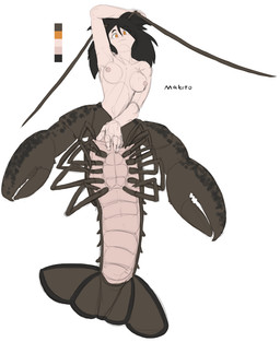 black_hair breasts brown_body female hair medium_breasts nipples nude orange_eyes pale_body pale_skin solo split_form tan_nipples reakuthecrate makoto_(reakuthecrate) aquatic arthropod crustacean decapod half_human humanoid hybrid lobster malacostracan merfolk