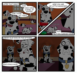 black_ears black_nose black_spots bowl cardboard container eye_patch_(marking) facial_markings feral floppy_ears fur green_bowl head_markings heterochromatic_ears male markings multicolored_body multicolored_fur patch_(marking) pet_bowl pink_inner_ear red_bowl spots two_tone_body two_tone_fur water_bowl white_body white_fur white_spots redundantmodule 101_dalmatian_street 101_dalmatians disney doug_(101_dalmatians) canid canine canis dalmatian domestic_dog mammal hi_res