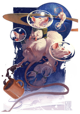 ambiguous_gender astronaut backpack beverage coffee coffee_mug ear_piercing ear_tag feet feral fur group looking_up piercing planet red_eyes space star tail white_body white_fur gaboleps mammal murid murine rat rodent 2018 digital_media_(artwork) hi_res