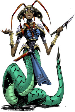 apode armor blood bodily_fluids dagger female green_body green_scales legless melee_weapon scales serpentine solo split_form weapon unknown_artist arkane_studios arx_fatalis microsoft arthropod draconcopode hybrid insect lamia reptile scalie sisters_of_edurneum snake concept_art hi_res