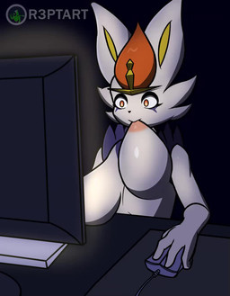 angry anthro big_breasts blue_markings breasts computer electronics female fur markings mousepad nipple_fetish nipple_play nipple_suck orange_eyes self_suckle sitting solo sucking white_body white_fur r3ptart nintendo pokemon titty_sucking_method cinderace generation_8_pokemon pokemon_(species) animated hi_res meme no_sound short_playtime video