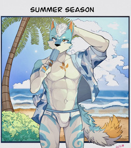 anthro beach biped blue_body blue_seam_briefs blue_seam_underwear briefs bulge clothed clothing colored_seam_underwear detailed_bulge food fur hand_behind_head heterochromia male male_anthro markings multicolored_body multicolored_fur muscular muscular_male open_clothing open_shirt open_topwear orange_markings palm_tree plant popsicle popsicle_in_mouth seaside shirt solo summer swimming_in_underwear text topwear tree underwear water white_body white_briefs white_clothing white_underwear yunche1001 canid canine canis fox hybrid mammal wolf 2026 hi_res