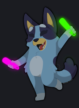 adolescent anthro blue_body blue_fur eyelashes fangs female fur glowstick open_mouth rave simple_background solo tail teeth tongue young young_anthro demon_ascended_(artist) bluey_(series) bluey_heeler australian_cattle_dog canid canine canis cattledog domestic_dog herding_dog mammal pastoral_dog absurd_res digital_media_(artwork) hi_res watermark