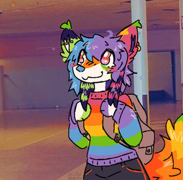 anthro backpack black_bottomwear black_clothing black_pants bottomwear clothing female multicolored_clothing multicolored_tail pants rainbow_clothing rainbow_tail solo sparklefur tail hiilumaru trixie_(hiilumaru) canid canine canis domestic_dog mammal mixed_media