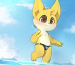 anthro blush brown_eyes clothed clothing cloud countershading detailed_background fur head_tuft male navel outside sea seascape sky smile solo speedo speedo_only swimwear topless tuft v-line water white_body white_countershading yellow_body yellow_fur young smite_(artist) league_of_legends riot_games tencent smite_(character) yordle hi_res adult_(lore)