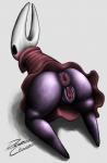 anus big_anus big_butt black_body blush bottomless butt butt_focus cloak clothed clothing female genitals grey_background kneeling overly_detailed_genitalia partially_clothed presenting presenting_hindquarters puffy_anus pussy rear_view simple_background solo thick_thighs wide_hips despairchanpu hollow_knight team_cherry hornet_(hollow_knight) arthropod insect featureless_(disambiguation) hi_res