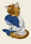 anthro bodily_fluids clothed clothing hug hugging_object hugging_plushie male pajamas plushie sad solo tail tears thin_tail young young_anthro mayumochi domestic_cat felid feline felis mammal absurd_res hi_res