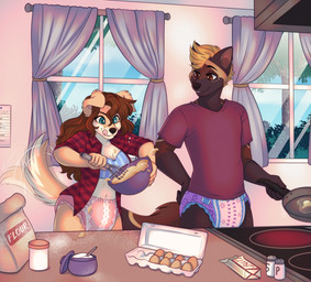 abdl anthro blue_diaper blue_eyes brown_eyes clothed clothing cooking cookware diaper female frying_pan kitchen kitchen_utensils male open_clothing open_shirt open_topwear pattern_clothing pattern_shirt pattern_topwear pink_diaper plaid plaid_clothing plaid_shirt plaid_topwear purple_diaper shirt tongue tongue_out tools topwear wearing_diaper whisk minettefraise bird_dog canid canine canis domestic_dog golden_retriever gulonine hunting_dog mammal mustelid musteline retriever wolverine hi_res