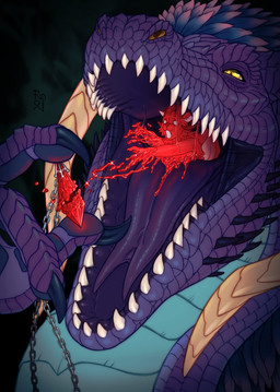 ambiguous_gender anthro blue_body blue_scales bodily_fluids body_horror cheek_spikes duo empty_eyes facial_spikes feral forked_tongue gem glistening glistening_eyes head_feathers horn in_mouth jewelry logo mouth_shot narrowed_eyes necklace open_mouth partially_inside purple_body purple_scales purple_tongue red_body red_horn saliva saliva_string scales semi-anthro sharp_teeth simple_background soul_vore spikes spikes_(anatomy) tan_horn teeth tongue vore yellow_eyes riorix mythology dragon mythological_creature mythological_scalie scalie species_request 2022 artist_logo dated hi_res