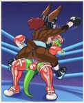 anthro areola balls blood blue_eyes blue_hair bodily_fluids boots border boxing boxing_gloves breasts bronco_buster brown_body brown_fur bruised bruised_eye butt clothing competition crotchless_bottomwear crotchless_clothing dipstick_ears duo ear_markings female fighting_ring footwear fur genitals green_body green_scales green_skin gynomorph gynomorph/female hair handwear headgear intersex intersex/female legwear mouthguard multicolored_ears nipples nosebleed penetration penis ponytail pussy raised_arm red_hair rope scales scut_tail sex sexual_competition sexual_fight shadow shoes short_tail sport standing standing_sex tail tail_spines thigh_boots thigh_highs vaginal vaginal_penetration yellow_border yellow_eyes dcheese koc kamui_(daipingan-go) kaiju lagomorph lizard mammal reptile scalie 2022 absurd_res digital_media_(artwork) hi_res