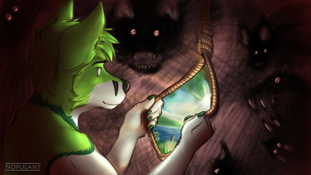 anthro black_nose ending fur green_body green_eyes green_fur hair happy lake light male noose rope scared scary shadow simple_background smile solo suicide sun sunlight teeth thoughts water white_body white_fur nopulant fidget_the_fox canid canine fox mammal monster 16:9 digital_media_(artwork) hi_res signature widescreen