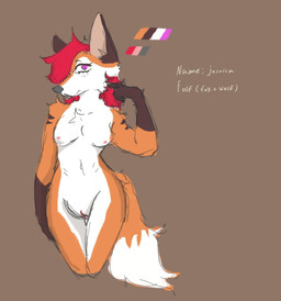 anthro female hair nude_anthro purple_eyes red_hair solo text wide_hips ivory33 jessica_(jessicafolf) canid canine canis fox hybrid mammal wolf english_text hi_res model_sheet