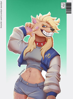 anthro barcode blonde_hair blue_eyes border bottomwear brown_body brown_fur claws clothing collar crop_top cropped_jacket denim denim_bottomwear denim_clothing denim_shorts fangs female fur gradient_background green_background grey_clothing grey_crop_top grey_shirt grey_topwear hair humanoid_hands jacket letterman_jacket long_hair looking_at_viewer navel pawpads pink_inner_ear pink_pawpads red_collar sharp_teeth shirt shorts simple_background smile smiling_at_viewer solo spiked_collar spikes teeth topwear wearing_collar white_border neuvigod canid canine canis domestic_dog mammal absurd_res digital_drawing_(artwork) digital_media_(artwork) hi_res