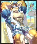 abs anthro beachside blep bottomwear clothing countershading eyewear flaccid genitals goggles male muscular muscular_anthro muscular_male muscular_thighs nipples pecs penis raised_arms shorts solo swimwear tongue tongue_out violetayukimura lifewonders live_a_hero barrel_(live_a_hero) canid canine canis mammal wolf