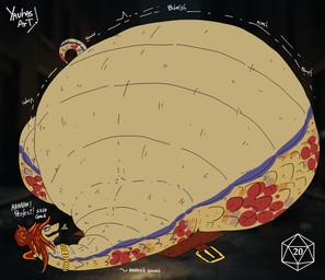 ambiguous_gender belly belly_expansion big_belly black_background burping expansion feral gold_(metal) gold_jewelry gold_necklace hair huge_belly jewelry necklace overweight red_hair red_spots simple_background solo spots tan_belly tan_body text yauhasart reptile scalie snake 2026 english_text flat_colors hi_res watermark