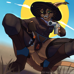 anal_hair anthro anus big_pubes bodily_fluids boots bottomless bottomless_female clothed clothing female footwear genitals gun hairy_vulva hat headgear headwear high_heeled_boots high_heels inner_labia jacket leather leather_clothing leggings legwear long_inner_labia no_underwear presenting presenting_vulva pubes ranged_weapon shoes smile solo spread_legs spreading sun thigh_highs topwear translucent translucent_clothing vulva weapon carrioncat beatrix_foljambe felid feline lynx mammal 1:1 absurd_res hi_res