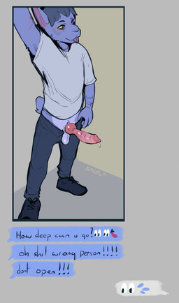 animal_genitalia animal_penis anthro balls big_penis bodily_fluids canine_genitalia canine_penis cellphone clothed clothing dialogue dick_pic electronics erection fur genital_fluids genitals graded_penis knot looking_at_viewer male penis phone selfie simple_background solo text texting tongue tongue_out wrong_number snofu snapchat dvenadtsat_(character) hare humanoid lagomorph leporid mammal rabbit absurd_res digital_media_(artwork) english_text hi_res
