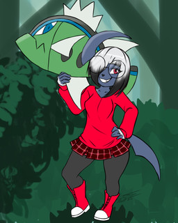 anthro blue_body blue_fur boots bottomwear cannon clothed clothing duo eyewear female footwear fur glasses hair hand_on_hip legwear multicolored_hair outside ranged_weapon red_eyes shirt shoes skirt stockings tail topwear weapon white_body white_fur furball nintendo pokemon absol basculin blue-striped_basculin fish generation_3_pokemon generation_5_pokemon mammal marine pokemon_(species) 2025 4:5 hi_res