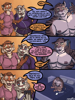 abs anthro barbell_piercing bathrobe bed biped blue_eyes clothed clothing colored_nails dialogue ear_piercing electronics eyebrow_piercing facial_piercing female fur furniture group jockstrap jockstrap_only male muscular muscular_anthro muscular_male nails nipples open_mouth open_smile orange_body orange_fur pajamas pecs phone phone_call piercing robe smile speech_bubble striped_body striped_fur stripes tail text topless topless_anthro topless_male trio underwear underwear_only white_body white_fur yellow_eyes nanoff miles_(nanoff) xavier_(nanoff) felid mammal pantherine tiger 2026 3:4 comic english_text hi_res multiple_scenes father_(lore) father_and_child_(lore) father_and_son_(lore) mother_(lore) mother_and_child_(lore) mother_and_son_(lore) parent_(lore) parent_and_child_(lore) parent_and_son_(lore) son_(lore)