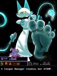 4_toes anthro eyes_closed feet fingers foot_fetish foot_focus gameplay_mechanics group holding_object humanoid_feet machine macro plantigrade soles text toes trio randytheartdog deltarune undertale_(series) tasque_manager canid canine canis domestic_dog felid feline human mammal robot english_text hi_res