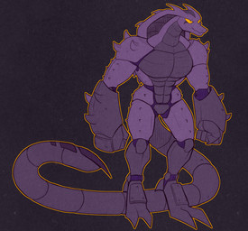 anthro carapace claws front_view male muscular muscular_anthro muscular_male nude nude_anthro nude_male purple_body simple_background snake_hood solo stinger stinger_tail tail text toe_claws yellow_eyes spazman alien arthrolisk reptile scalie snake digital_media_(artwork)