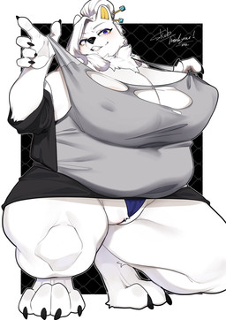 4_toes 5_fingers anthro belly big_belly big_breasts blue_eyes blush border bottomwear breasts camel_toe chest_tuft claws clothed clothing clothing_lift crouching feet female finger_claws fingers fur genitals hair nipple_outline open_clothing open_topwear overweight overweight_female skirt skirt_lift smile solo toes topwear torn_clothing torn_topwear tuft vulva white_body white_border white_fur white_hair sirn_0121 bear mammal polar_bear ursine 2025 digital_media_(artwork) hi_res signature