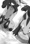 all_fours ambiguous_gender anthro bdsm bowl breath bruised canid canine comic container dog_food eating feral food_denial generation_3_pokemon generation_4_pokemon greyscale hi_res hungry japanese_text kurohane_karasu lucario mammal mightyena monochrome nintendo open_mouth panting pet_bowl pet_food petplay pokemon pokemon_(species) roleplay scuff_marks simple_background starving text tongue tongue_out translated white_background