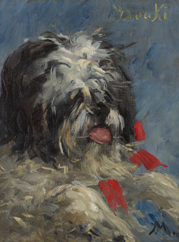 ambiguous_gender black_body black_fur blep covered_eyes feral fur lying on_front painterly paws quadruped simple_background solo textured_background three-quarter_view tongue tongue_out white_body white_fur edouard_manet public_domain canid canine canis domestic_dog mammal 1876 19th_century absurd_res ancient_art hi_res oil_painting_(artwork) painting_(artwork) portrait traditional_media_(artwork) traditional_painting_(artwork)