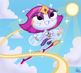 4_arms antennae_(anatomy) blue_body blue_bottomwear blue_clothing blue_skin blue_skirt boots bottomwear clothing cosplay crossover_cosplay crown day female footwear freckled_face freckles gold_(metal) gold_belt gold_tiara hair headgear insect_wings lasso_of_truth multi_arm multi_limb multicolored_clothing pale_skin pink_hair red_boots red_clothing red_footwear red_sleeveless_shirt shoes silver_bracelet skirt smile solo sun tiara two_tone_clothing voice_actor_joke wings mags-niac dc_comics disney the_buzz_on_maggie wonder_woman_(series) maggie_pesky wonder_woman arthropod fly_(animal) humanoid insect 2025 crossover