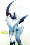 ambiguous_gender anthro bent_over biped blue_body claws finger_claws fluffy_chest front_view fur looking_at_viewer nude pupils raised_tail red_eyes simple_background slit_pupils solo tail white_background white_body white_fur thwillartz nintendo pokemon absol generation_3_pokemon pokemon_(species) 2024 hi_res shaded signature male_(lore)