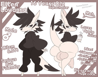 adolescent adolescent_anthro adolescent_male annoyed anthro babysitter balls beverage big_balls big_penis biped black_body black_fur black_hair clothing ear_piercing ear_ring eyelashes freckled_face freckles fur genitals hair hoodie huge_balls huge_penis larger_male long_pants looking_at_viewer male male_anthro penis piercing ring_piercing size_difference skull_accessory solo standing tail tan_body tan_fur text thick_thighs topwear young young_anthro young_male julylafearata ellen_lowanna kangaroo macropod mammal marsupial absurd_res english_text hi_res model_sheet