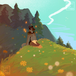 anthro biped brown_body brown_fur dandelion day dipstick_ears ear_markings flower forest fur fur_markings grass markings multicolored_ears outside plant solo tail tan_body tan_fur tree white_body white_ear_tips white_ears white_fur white_inner_ear white_tail nowheremotel taliesin_(laurelings) canid canine mammal 1:1 2022 hi_res