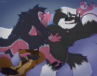 4_fingers 4_toes 5_fingers abs anthro ball_squish balls balls_on_face bdsm bed belly big_butt big_hands black_body black_fur black_penis black_tongue blue_eyes bondage bound butt claws erection feet finger_claws fingers fluffy fluffy_chest foreskin fur furniture genitals glans gloves_(marking) group hair male male/male mane markings musclegut muscular nipples nude penis pubes red_body red_fur slightly_chubby squish squishing_belly tail toes tongue trio white_body white_fur white_hair yellow_sclera chibsarts chiwolf canid canine canis gulonine mammal marten mustelid musteline wolf