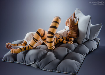 anthro bed black_tail_tip brown_hair digitigrade dipstick_ears dipstick_tail ear_markings feet female fur furniture hair inner_ear_fluff lying lying_on_bed markings multicolored_ears nude on_back on_bed orange_body orange_fur pawpads pillow smile solo striped_body striped_fur striped_markings striped_tail stripes tail tail_markings text tuft white_body white_fur chyvak twokinds flora_(twokinds) felid keidran mammal pantherine tiger 2025 3d_(artwork) digital_media_(artwork) hi_res url