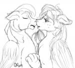 cheek duo eyelashes eyes_closed feathered_wings feathers female half-closed_eyes heart_symbol kissing male male/female narrowed_eyes wings catnel hasbro my_little_pony sheriff_marshall solana chimera hybrid greyscale monochrome sketch