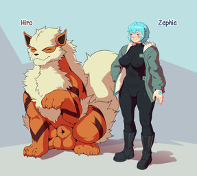 animal_genitalia anthro balls blue_hair bodysuit boots camel_toe clothed clothed_female clothing duo eyes_closed female feral footprint footwear genitals green_clothing green_jacket green_topwear hair jacket male markings nipples nipples_visible_through_clothing pawprint pawprint_(marking) pawprint_tattoo sheath shoes skimpy skinsuit smile tattoo tight_clothing topwear morpskorp nintendo pokemon hiro_(morpskorp) zephie_(morpskorp) arcanine generation_1_pokemon human humanoid mammal pokemon_(species) absurd_res hi_res