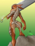 anthro female genitals holding_object holding_weapon nude pussy solo tail weapon jeremy_mullins nuclearninja amazon_(polar) armadillo mammal xenarthran collaboration