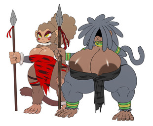 age_difference anthro areola areola_slip big_breasts biped breasts brown_areola brown_body brown_fur brown_hair cleavage clothed clothing curly_hair curvy_figure dreadlocks duo elderly elderly_female female fur grey_body grey_fur grey_hair hair hair_over_eyes half-closed_eyes holding_melee_weapon holding_object holding_polearm holding_spear holding_weapon huge_breasts mature_anthro mature_female melee_weapon narrowed_eyes nipple_outline older_anthro older_female polearm spear standing thick_thighs voluptuous weapon wide_hips yellow_eyes younger_anthro younger_female sssonic2 talma_(sssonic2) haplorhine mammal monkey primate 2020 digital_media_(artwork) hi_res