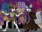 anthro blue_eyes bottomwear brown_eyes building city clothing collar dancing duo fireworks hat headgear headwear male open_mouth robe shorts smile sombrero docmoreau paw_patrol tracker_(paw_patrol) canid canine canis chihuahua domestic_dog mammal toy_dog wolf tag_(disambiguation)