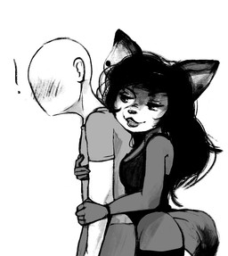anthro bald blush bottomless breasts clothed clothing duo ear_piercing exclamation_point eyelashes faceless_character faceless_male female hair hug human_on_anthro interspecies legwear male piercing smile thigh_highs karendoesart anon may_sanderson ailurid human mammal red_panda black_and_white monochrome