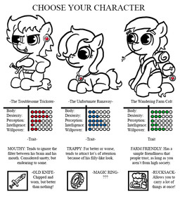 ambiguous_gender backpack ear_piercing female feral group jewelry knife necklace piercing stats text weapon young young_feral ficficponyfic hasbro my_little_pony emerald_jewel_(colt_quest) fan_character ruby_rouge_(colt_quest) earth_pony equid equine horse mammal pony english_text