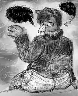 anthro bangs beak belly big_butt bottomwear butt clothed clothed_anthro clothing denim denim_bottomwear denim_clothing dialogue emo_haircut feather_hair feathers gesture hat headgear headwear jacket jeans lace_panties looking_at_viewer looking_back open_beak open_mouth overweight panties pants pseudo_hair raised_tail resting_bitch_face sagging_pants side_bangs simple_background sitting sitting_on_railing solo speech_bubble tail tail_feathers topwear underwear visible_underwear waving waving_at_viewer winged_arms wings alienbeepoontang night_in_the_woods germ_warfare_(nitw) avian bird corvid oscine passerine digital_media_(artwork) hi_res monochrome