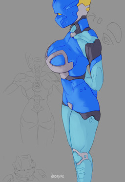 breasts cleavage clothed clothing commentary english_commentary female grey_background hands_behind_back looking_at_viewer machine medium_breasts multiple_angles orange_eyes side_boob simple_background sitting solo standing text neoruke bionicle lego gali humanoid robot robot_humanoid absurd_res artist_name hi_res