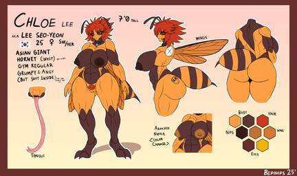 abs angry antennae_(anatomy) anthro arthropod_abdomen back_muscles brown_body brown_sclera butt butt_tattoo carapace choker collar dark_sclera eyeshadow female genitals hair hind_legs jewelry long_tongue makeup mandibles muscular muscular_female necklace nipples nude orange_body pubes red_hair solo stinger tattoo text tongue vulva wings yellow_eyes bepinips chloe_(bepinips) arthropod asian_giant_hornet hornet hymenopteran insect lepidopteran vespid wasp absurd_res english_text hi_res model_sheet