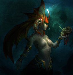 breasts clothed clothing featureless_breasts female female_humanoid forked_tongue frill_(anatomy) gore head_crest head_frill holding_skull markings mouth_closed narrowed_eyes navel orange_markings scales simple_background solo tongue topless white_body white_scales chumbasket humanoid absurd_res alternate_version_at_source hi_res