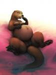 anthro belly big_belly blush bottomless bra clothed clothing female genitals hand_on_belly lingerie looking_at_viewer lying multi_nipple navel nipples on_back outie_navel pawpads pregnant pussy semi-anthro simple_background solo submissive submissive_female underwear oddwilds mammal mustelid otter 2017 3:4 hi_res