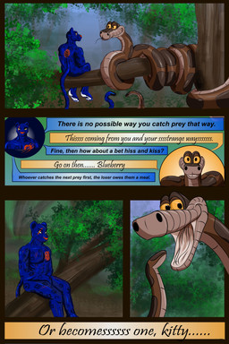 anthro betting duo feral fog forest jungle male male/male plant text tree vore 35fox the_jungle_book kaa_(jungle_book) sapa felid mammal pantherine python reptile scalie snake 2:3 absurd_res comic english_text hi_res