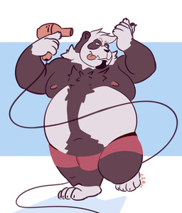 anthro belly big_belly black_nose boxer_briefs brown_body brown_fur clothed clothing dryer front_view fur glistening glistening_eyes hair hair_dryer holding_hair_dryer looking_up male moobs mouth_closed navel nipples obese obese_anthro obese_male overweight overweight_anthro overweight_male red_boxer_briefs red_clothing red_nipples red_tongue red_underwear short_hair simple_background solo standing teeth tongue tongue_out topless underwear white_body white_fur white_hair chocolateandmilk bear giant_panda mammal 2020 dated full-length_portrait hi_res portrait signature