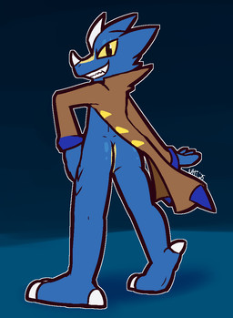 anthro black_eyes blue_body blue_clothing blue_coat blue_scales blue_topwear bottomless brown_clothing brown_coat brown_topwear butt claws clothed clothing coat facial_horn grin hair hind_claws horn looking_at_viewer male nose_horn pupils rear_view scales sharp_teeth smile smirk solo standing teeth topwear white_claws white_hair yellow_body yellow_scales yellow_sclera ultilix dungeons_and_dragons hasbro wizards_of_the_coast kemik_(whaddon) dragonborn_(dnd) scalie